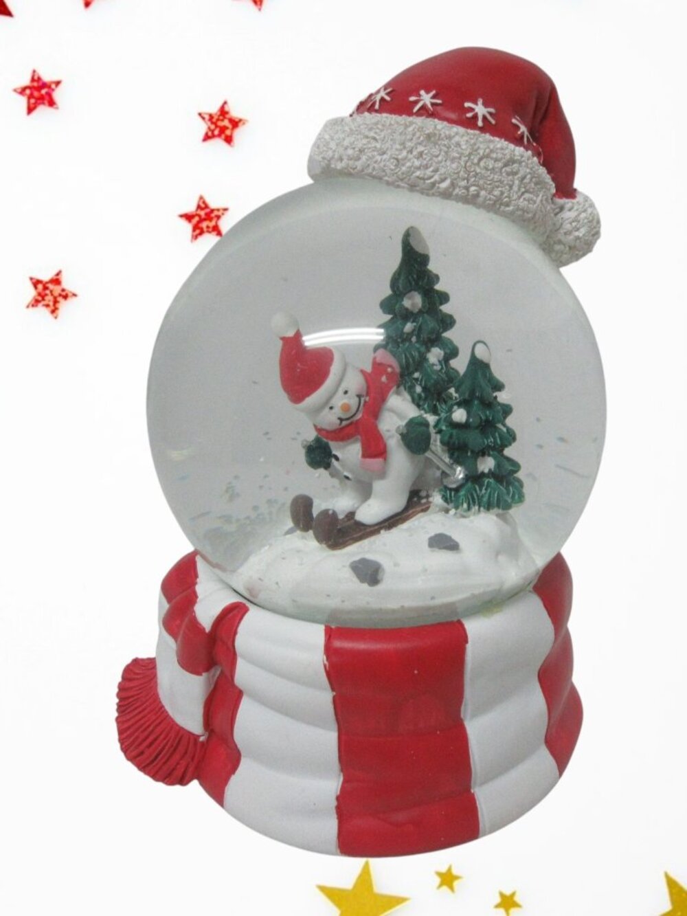 Festive Christmas Skiing Snowman Water Snow Globe with Santa Hat Top Musical
